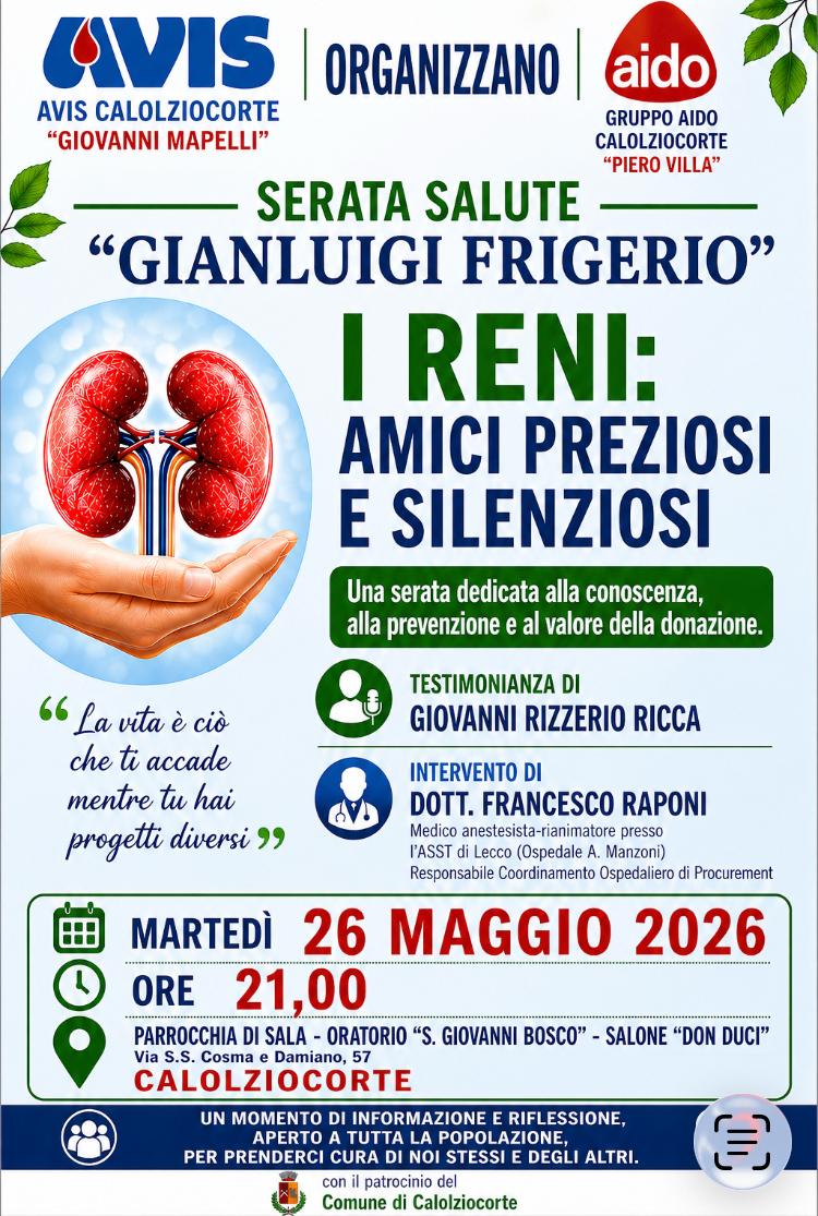 I RENI SI PRENDONO CURA DI NOI … PRENDIAMOCI CURA DI LORO: una serata di informazione e riflessione promossa da Avis Comunale di Caloziocorte