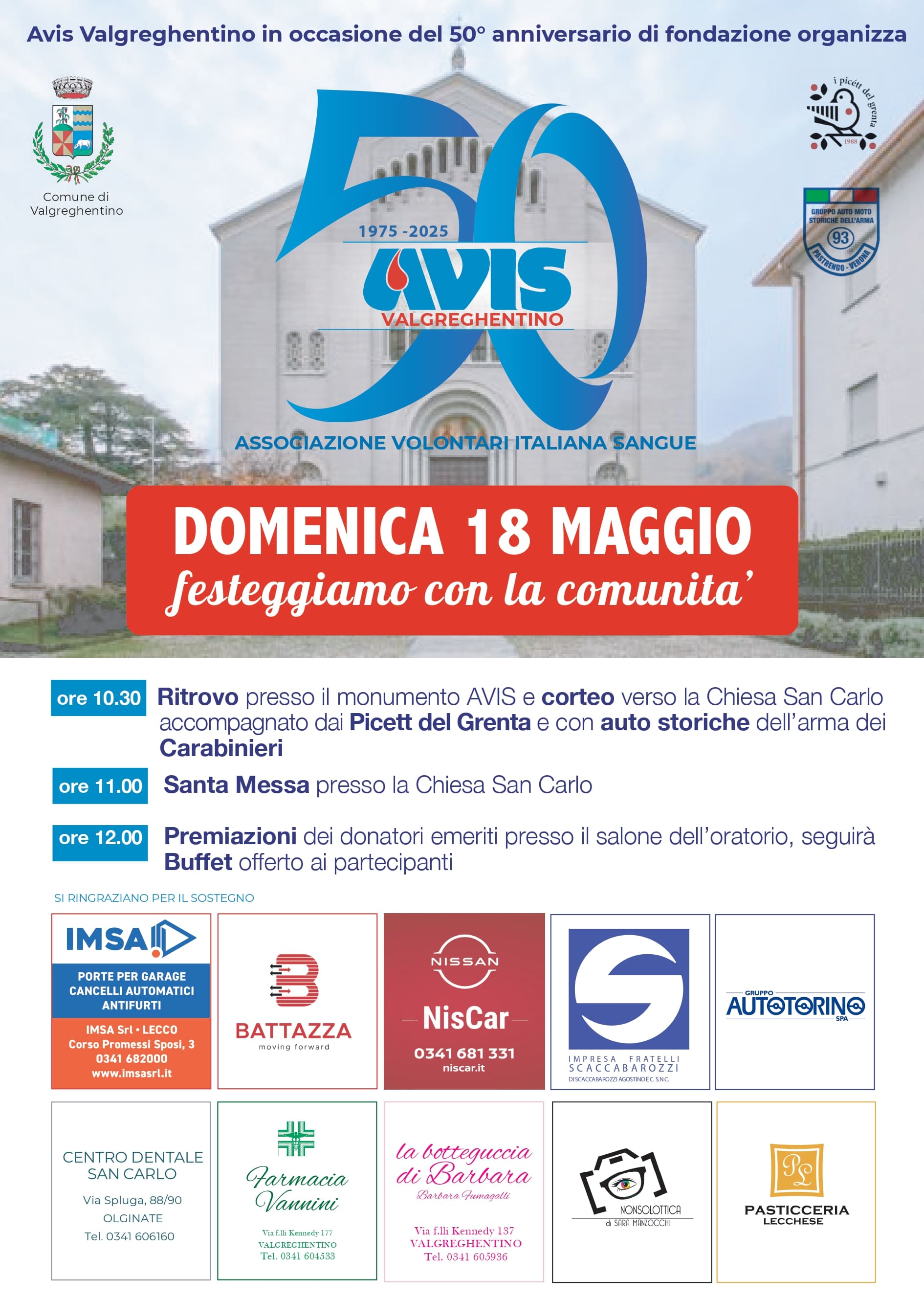 50^ anniversario di fondazione di Avis Comunale di Valgreghentino: festeggiamo con la comunità