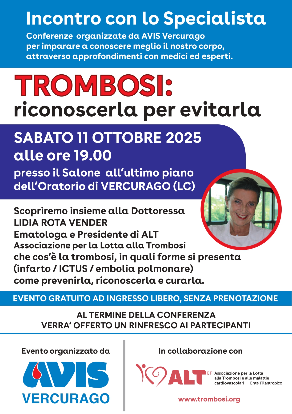 Conferenza "TROMBOSI: RICONOSCERLA PER EVITARLA" promossa ed organizzata da Avis Comunale di Vercurago